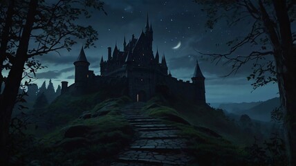 Dark, Enchanted Castle Standing at the Edge of a Jagged Cliff with a Pale Moonlight Background