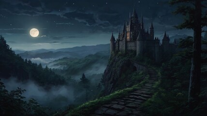 Dark, Enchanted Castle Standing at the Edge of a Jagged Cliff with a Pale Moonlight Background