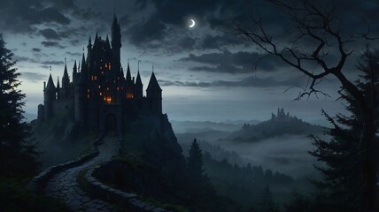 Dark, Enchanted Castle Standing at the Edge of a Jagged Cliff with a Pale Moonlight Background
