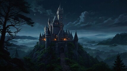 Dark, Enchanted Castle Standing at the Edge of a Jagged Cliff with a Pale Moonlight Background