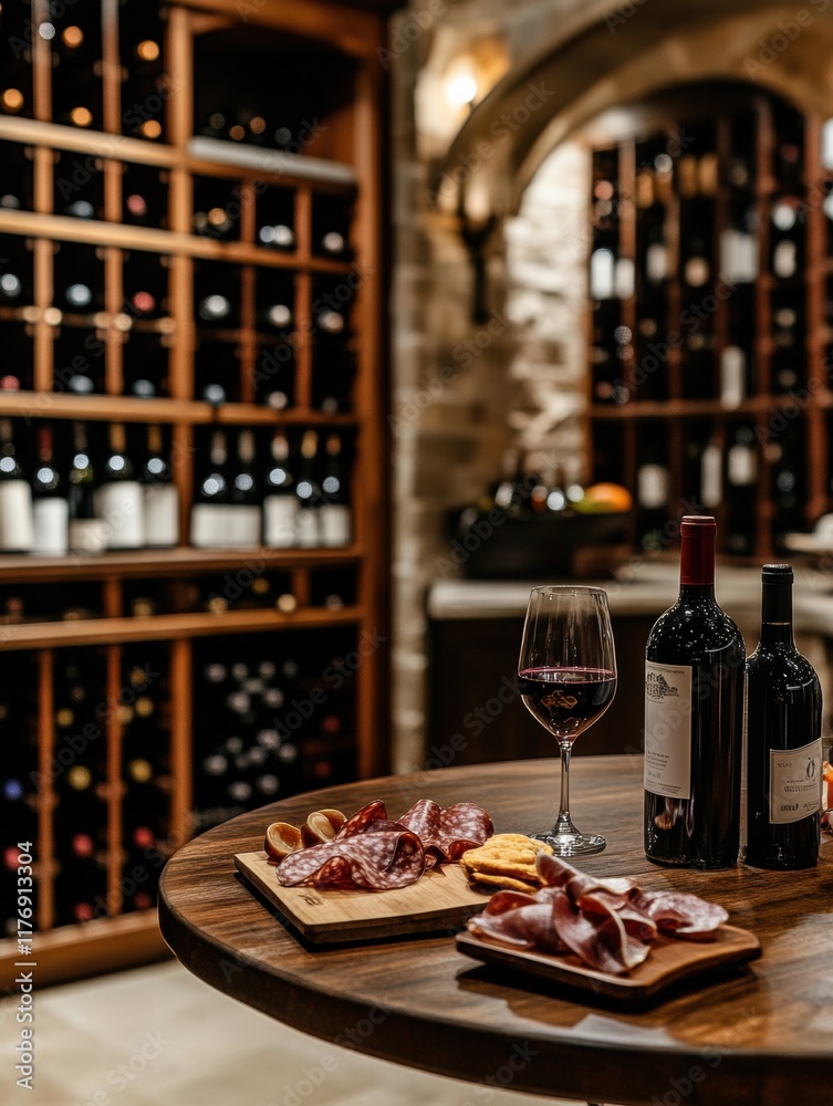 Poster elegant wine cellar featuring vintage bottles, tasting table with red wine and charcuterie board. ge