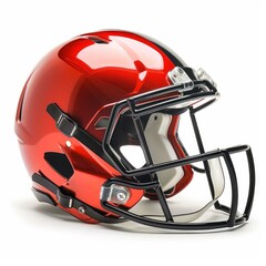 Fototapeta premium Shiny new red and black football helmet resting on white background, ready for game day