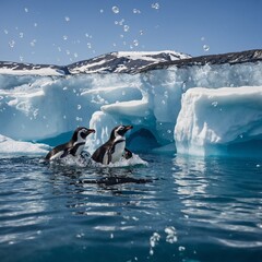 Obraz premium A group of penguins swimming near an iceberg, with underwater bubbles rising.