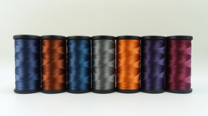 Contemporary thread spool display with sage green, burnt orange, sky blue, plum purple threads, layered composition, soft natural lighting, elegant bokeh effect, crisp white backdrop