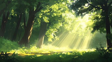 Fototapeta premium Sunbeams illuminate forest path, nature background, idyllic scene, game design