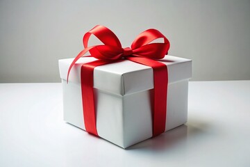 Obraz premium Large White Gift Box with Red Ribbon on White Background - Copy Space for Text or Design