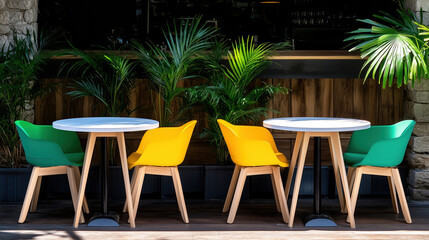 Brightly colored chairs and tables in modern outdoor setting