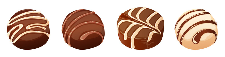 Confectionery Chocolate Truffles with White and Milk Chocolate Drizzles. Sweets Collection Vector Art