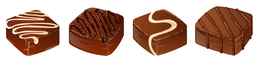 Square Shaped Chocolates with White, Dark and Milk Chocolate Drizzles. Celebratory Sweets Illustration