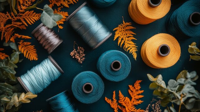 minimalist craft supplies layout, sewing thread spools top view, modern composition with copy space, detailed fiber texture, autumn and ocean color palette, studio lighting, high contrast
