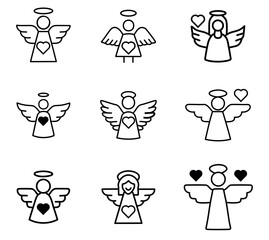 Set of 9 simple Valentine's Day Angel Cupid icons. Set of nine icons of angels with hearts.