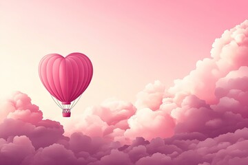 Obraz premium An illustrated hot air balloon in the shape of a heart floating in a pink sky with fluffy clouds. The sky features a blank banner for a custom message Valentine’s Day card