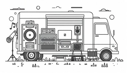 Fototapeta premium A mobile recording studio van equipped with instruments and audio equipment perfect for music production on the go. Ideal for bands, podcasters, and filmmakers.