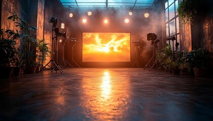 A stylish studio with a black background and captivating light effects serves as backdrop for stock photos, studio on black background