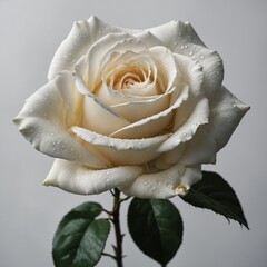 A close-up of a white rose in full bloom, against a subtle white backdrop.