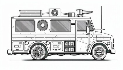 A vintage van equipped with loudspeakers and vinyl records. Ideal for music festival promotions or band-related merchandise.