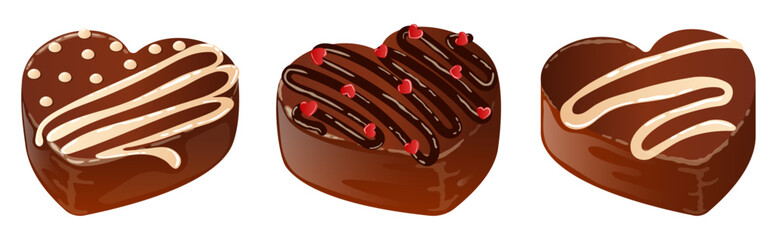 Heart Chocolates Set with White & Dark Chocolate Drizzles and Heart Sprinkles. Valentine Candy Detailed Illustration