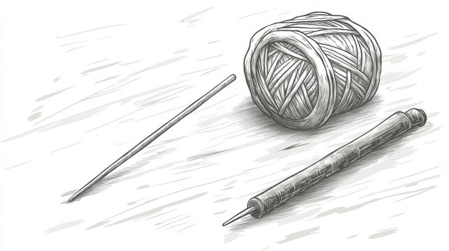 knitting tools sketch on wooden surface clip art preview