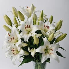 A delicate bouquet of white lilies with soft petals, set against a pure white background.