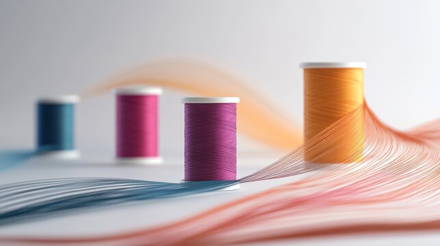 multicolored thread stripes on white spool, flowing brown needle line, contemporary graphic design, clean aesthetic, soft shadow effect