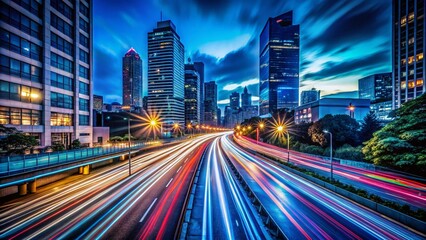 Fototapeta premium Long Exposure Cityscape at Night, Dramatic Light Trails, Urban Scene