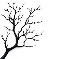 A striking black tree branch with intricate details against a white background, symbolizing uniqueness and stark beauty.