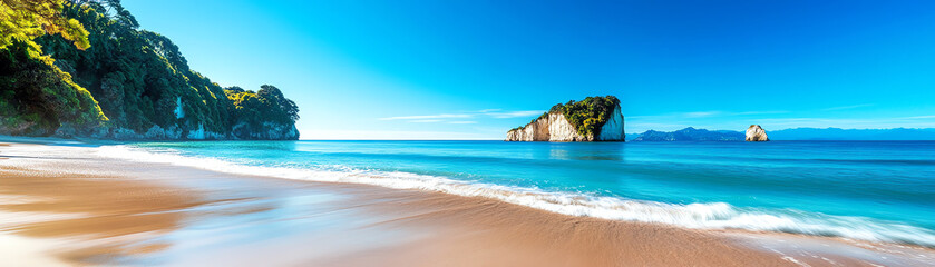 A stunning beach with clear turquoise waters, golden sand, and scenic rock formations under a bright blue sky.