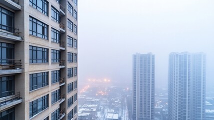 Fototapeta premium A foggy urban landscape featuring tall buildings, with a muted atmosphere and limited visibility, suggesting a chilly winter day.