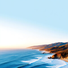 A stunning coastal view at sunset, featuring rolling waves and dramatic mountains, inspiring serenity and tranquility in nature.