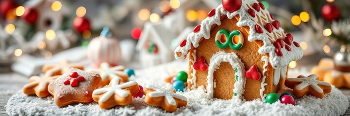 Gingerbread house adorned with colorful Christmas lights and festive ornaments, candy, treats, homemade