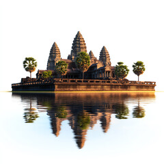 Obraz premium A stunning depiction of a majestic temple reflecting on calm waters, surrounded by tropical trees and a serene atmosphere.