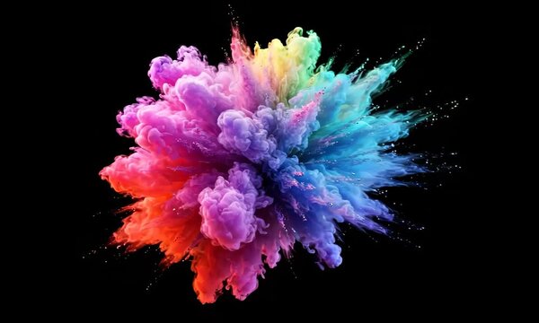Colorful explosion of vibrant powder creating a dynamic burst of vivid colors. isolated on black background, chroma key overlay transparent alpha VFX. Holi