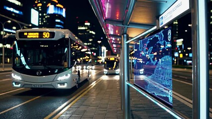 City buses arriving at a modern transport hub with illuminated surroundings and digital displays at night - Powered by Adobe
