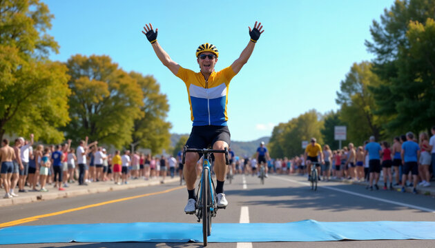 Victorious Male Cyclist Celebrating Win Against Sunny Urban Background
