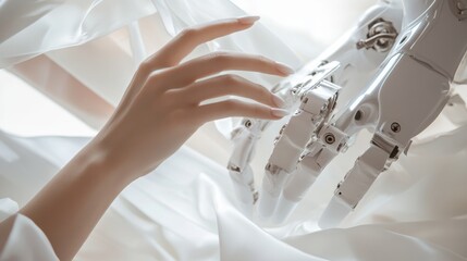 seamstress at work, detailed mechanical focus, chrome metal parts, fabric manipulation, artistic photography angle, delicate finger placement, crisp white machinery, fashion design process