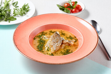 Gourmet Fish Soup with Text Space Rustic Elegance in Food Photography
