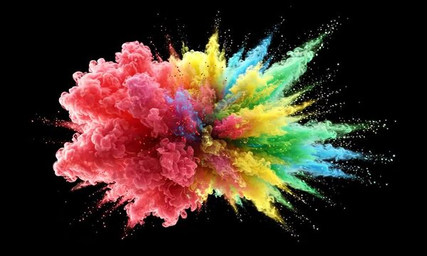 Colorful explosion of vibrant powder creating a dynamic burst of vivid colors. isolated on black background, chroma key overlay transparent alpha VFX. Holi