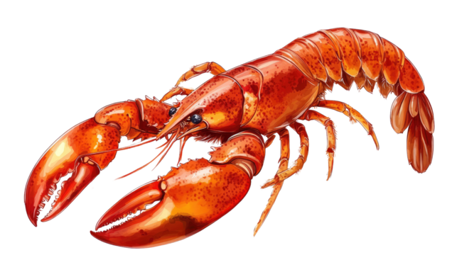 Lobster Illustration: A detailed and vibrant illustration of a red lobster, showcasing its intricate anatomy and lively colors. Perfect for culinary, seafood, and nature-themed projects. 