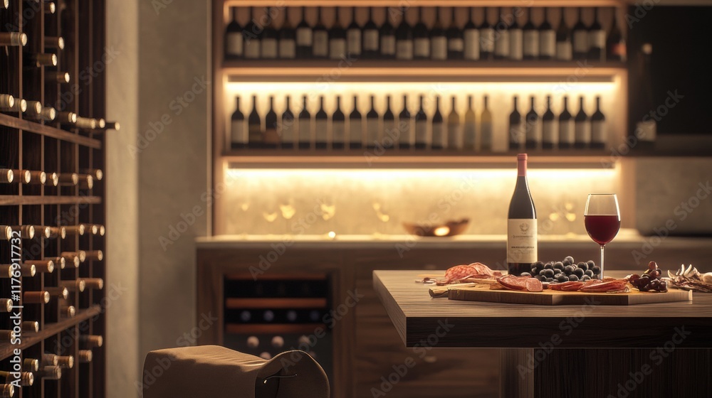 Poster elegant wine cellar with vintage bottles and a tasting table featuring red wine and charcuterie boar