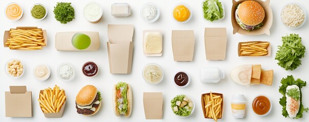 Delicious fast food with hamburger, fries and drink and sauces on a minimalistic white background