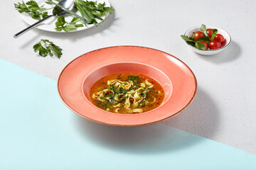 Elegant Bowl of Chicken Noodle Soup with Fresh Garnishes on a Modern Background