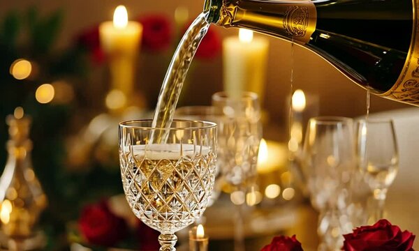 Champagne being poured into a crystal glass at a romantic dinner.