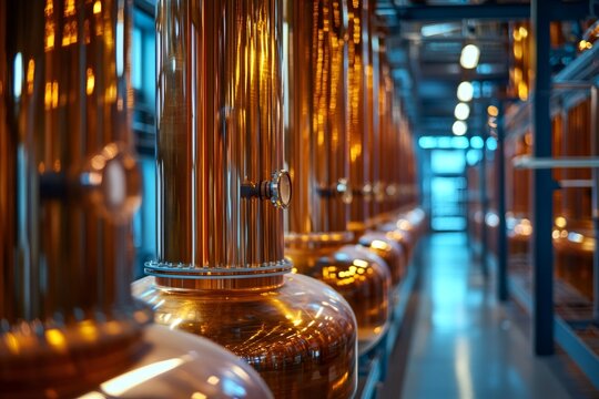Copper stills shining in a distillery producing alcoholic beverages