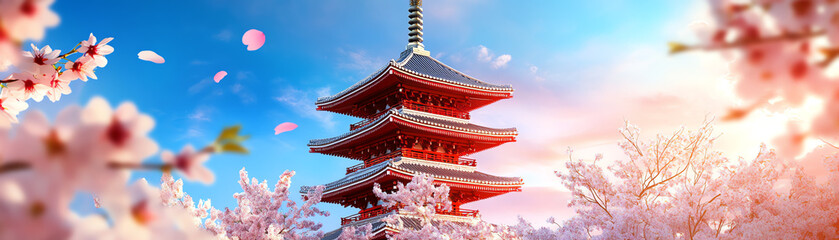 A stunning pagoda surrounded by cherry blossoms under a vibrant sky, symbolizing peace and tranquility in nature.