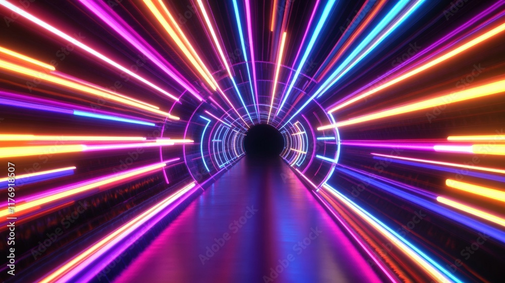 Poster abstract 3d render of neon light motion in a vibrant tunnel background with dynamic lines and colorf