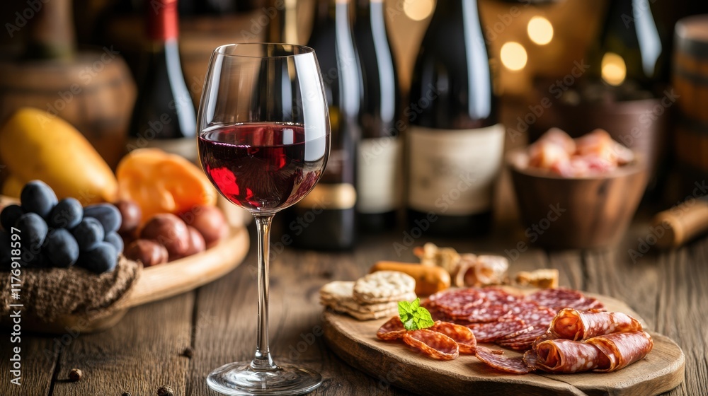 Poster elegant wine cellar showcasing vintage bottles with a tasting table featuring red wine and a charcut