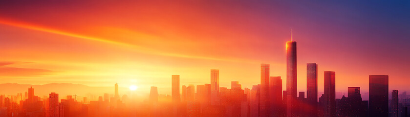 Fototapeta premium A stunning skyline at sunset, showcasing modern skyscrapers against a vibrant orange and purple horizon.