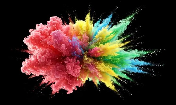 Colorful explosion of vibrant powder creating a dynamic burst of vivid colors. isolated on black background, chroma key overlay transparent alpha VFX. Holi