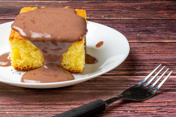 Sponge cake with chocolate sauce