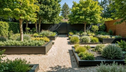 Contemporary Minimalist Garden Design with Geometric Beds and Gravel Path